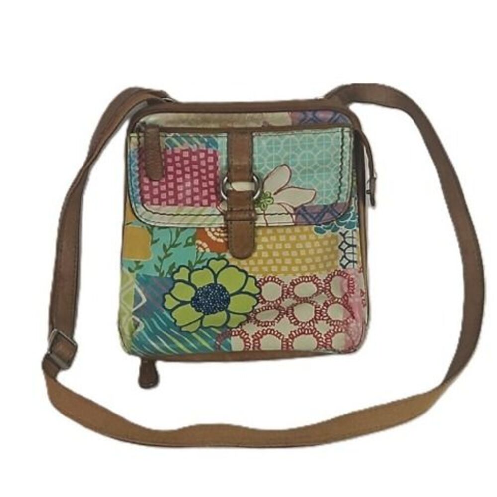 Fossil Patchwork Floral Crossbody Bag Multicolor Canvas Leather Boho Purse